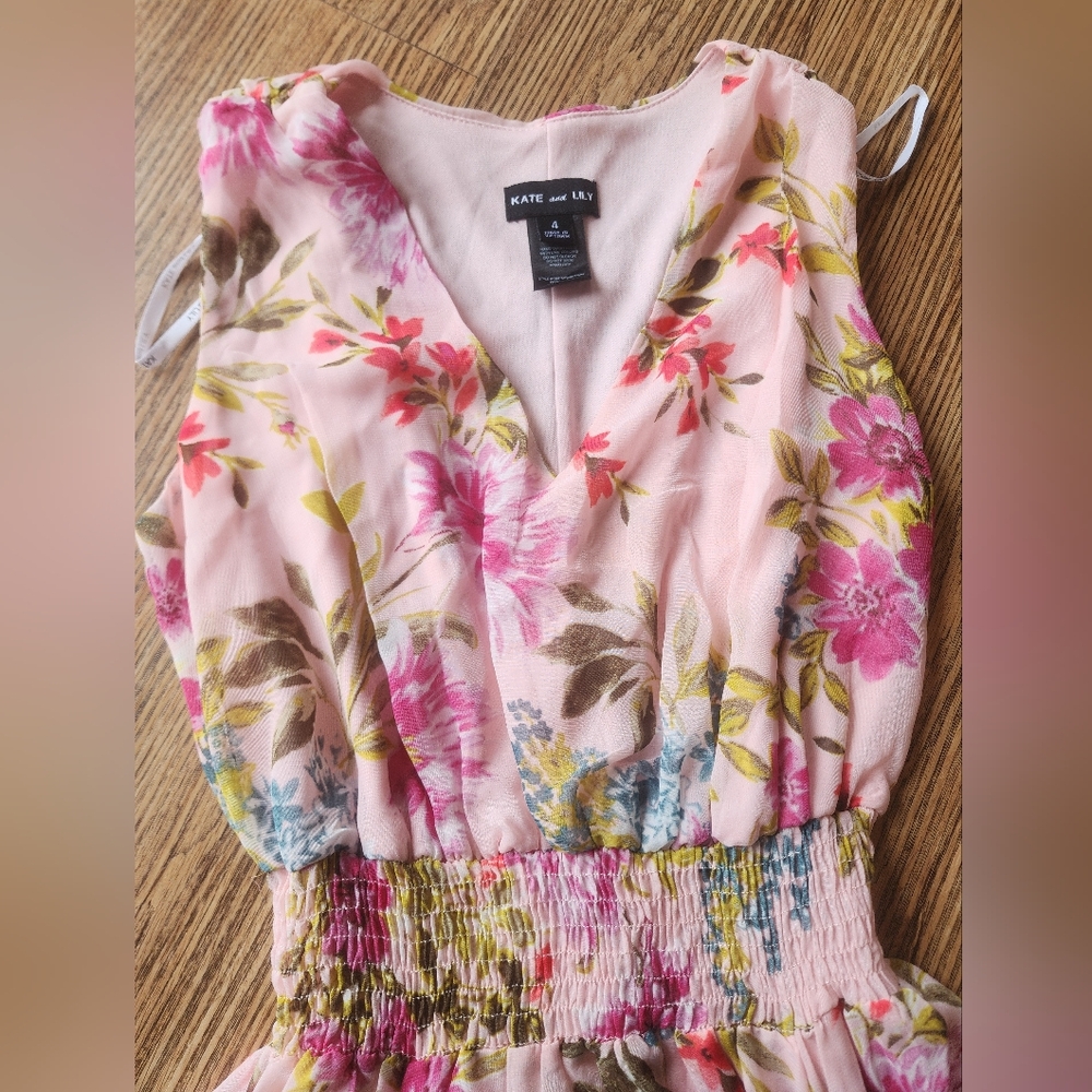Size 4 Kate And Lily Dresses Pink Floral Smocked Waist Midi Dress - Picture 4 of 10